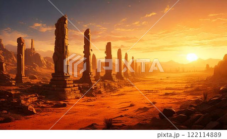 広大な砂漠の中に立つ古代の神殿遺跡 広大な砂漠の中に立つ古代の神殿遺跡 122114889