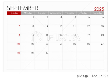 Calendar September 2025 page isolated on white background, Save clipping path. 122114997