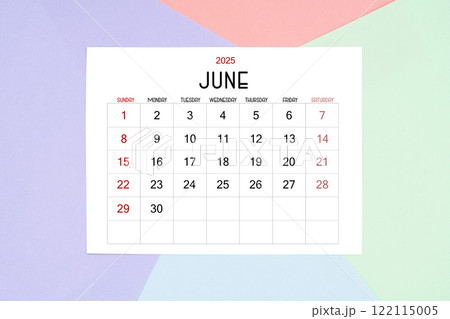 June calendar card for 2025 year on colorful background. Flat lay. 122115005