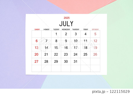 July calendar card for 2025 year on colorful background. Flat lay. 122115029