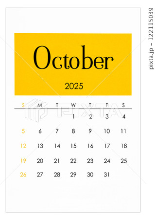 Calendar October 2025 flat style isolated on white background, Save clipping path. 122115039