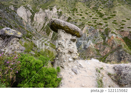 Stone mushrooms. Stone formations on the slope of a high mountain. Altai. 122115082