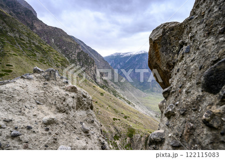 Stone mushrooms. Stone formations on the slope of a high mountain. Altai. 122115083