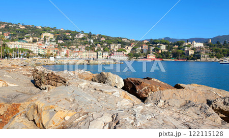 Santa Margherita, Italy - November 13, 2024. View of sea. Tourism and recreation. Ecologically clean nature. Traditional old buildings. Historical center. 122115128