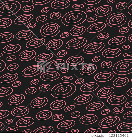Retro-futuristic pattern with concentric circles in varying sizes outlined in pink on a black background 122115461