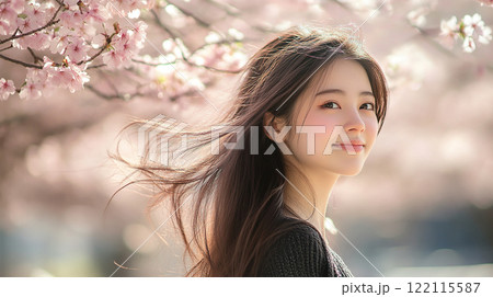 春　桜の前で微笑む女性　Generative AI 122115587