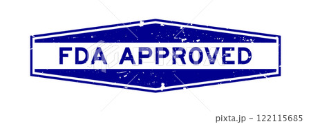 Grunge blue FDA approved word hexagon rubber seal stamp on white background 122115685