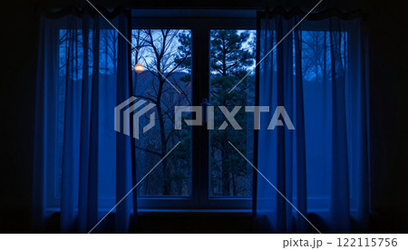 Evening light filters through sheer curtains, casting a blue hue in a serene room with views of trees Evening light filters through sheer curtains, casting a blue hue in a serene room with views of trees 122115756