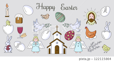 Set of Easter elements in flat style with black outline Set of Easter elements in flat style with black outline 122115864