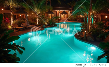 自然と調和するトロピカルなナイトプールの風景【Generative AI】 122115984