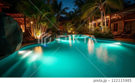 自然と調和するトロピカルなナイトプールの風景【Generative AI】 122115985