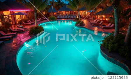 自然と調和するトロピカルなナイトプールの風景【Generative AI】 自然と調和するトロピカルなナイトプールの風景【Generative AI】 122115986