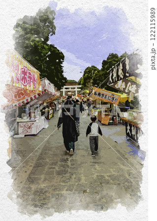 水彩画風　富士山本宮浅間大社　富士宮まつり　露店　静岡県富士宮市 122115989