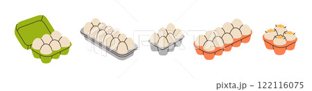 Chicken eggs in boxes. Organic farm product. Box of eggs. Vector illustration. 122116075