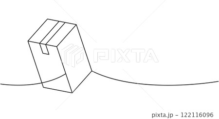 Present box one line continuous drawing. Carton delivery packaging box. Vector illustration. Present box one line continuous drawing. Carton delivery packaging box. Vector illustration. 122116096