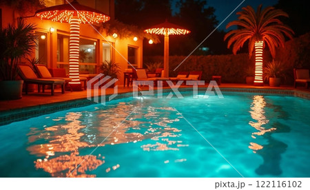 夏の夜を楽しむリゾート感溢れるプールパーティースペース【Generative AI】 122116102