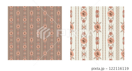 Seamless striped pattern with vignettes and pink roses in baroque style. Vintage botanical clipart for wedding, Valentine's, wrapping, gift, wallpaper, fashion, bed linen, curtains, textile, fabric 122116119