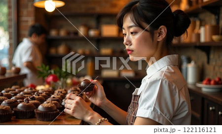 Young Asian woman pastry chef with a praline dessert in the background of a chocolate shop 122116121