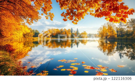 Russia A beautiful autumn day with a lake in the background. The water is calm and the trees are full of leaves 122116306