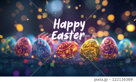 A colorful Easter egg arrangement with a bright, happy message. The eggs are scattered around a grassy area, creating a festive and joyful atmosphere 122116369