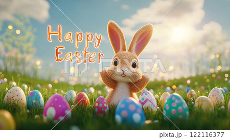 A cartoon rabbit is standing in a field of Easter eggs. The image is cheerful and playful, with the rabbit being the main focus. The eggs are scattered around the field, with some closer to the rabbit 122116377