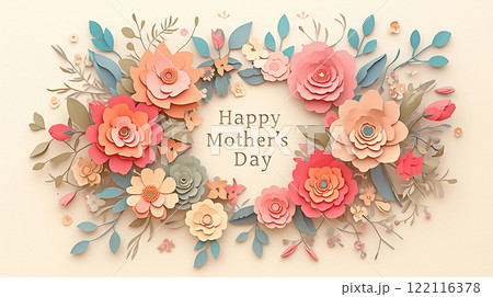 A colorful flowery background with the words Happy Mother's Day written in the center. Concept of warmth and love for mothers 122116378
