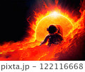 futuristic astronaut bathes in molten hot magma or in boiling ocean of fire from Sun. problem of global warming, cyborgization of humanity. influence of Sun on life on Earth, solar flares 122116668