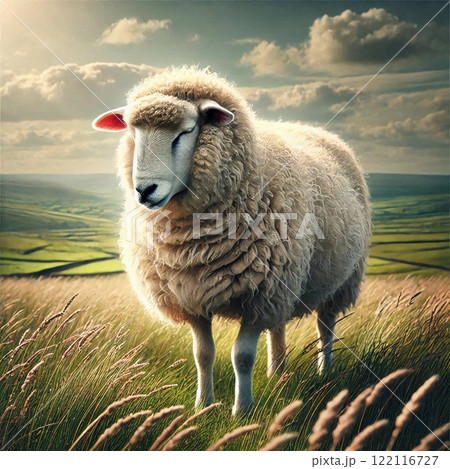 Curly-horned sheep standing in a field of wheat against a backdrop of rolling hills and a partly cloudy sky 122116727