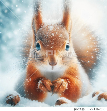 A squirrel standing in the snow with reddish-brown fur and a white underbelly, surrounded by snowflakes in a natural winter setting 122116732