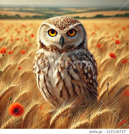 An owl with striking yellow eyes and a detailed pattern of brown and white feathers, standing in a field of golden wheat with scattered red poppies, against a backdrop of distant trees and hills 122116737
