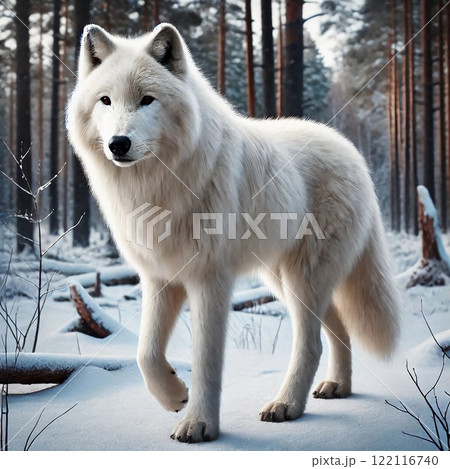 White wolf standing in a snowy forest, with its fur illuminated by sunlight filtering through the trees, creating a serene and mystical atmosphere 122116740