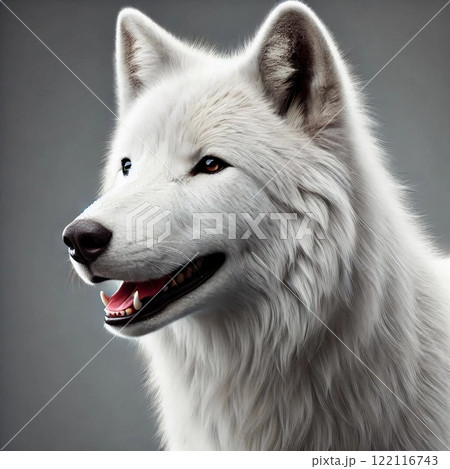 Close-up of a white wolf with detailed fur against a gray background. 122116743