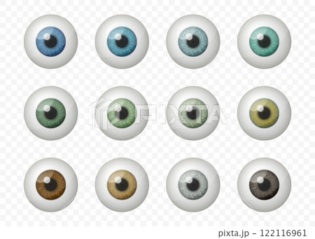 Realistic Vector Isolated Round Eyeballs Set With Various Pupil Colors. Detailed Eye Icons, Realistic Eyes, Eyeball Designs For Medical Illustrations, Eye Color Charts, Vision Studies, Eye Anatomy Realistic Vector Isolated Round Eyeballs Set With Various Pupil Colors. Detailed Eye Icons, Realistic Eyes, Eyeball Designs For Medical Illustrations, Eye Color Charts, Vision Studies, Eye Anatomy 122116961