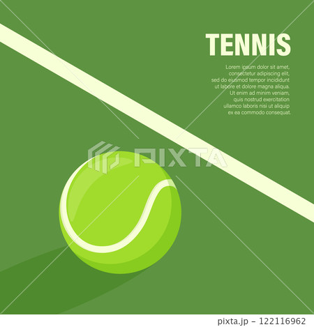 Flat Vector Tennis Ball Icon is on the Green Tennis Court. Tennis Ball Design Template, Sports Concepts, Competition Promotions, Advertisements, Graphics for a Tennis Event. Sports Background Flat Vector Tennis Ball Icon is on the Green Tennis Court. Tennis Ball Design Template, Sports Concepts, Competition Promotions, Advertisements, Graphics for a Tennis Event. Sports Background 122116962