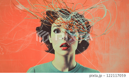 Modern collage illustration of a confused woman with a tangled brain 122117059
