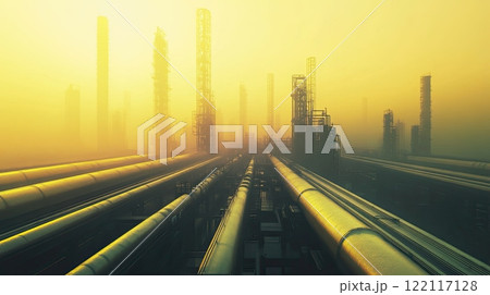 Industrial pipelines stretching into the distance under a golden sunset sky. Industrial pipelines stretching into the distance under a golden sunset sky. 122117128