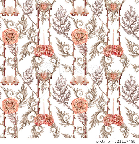 Seamless pattern with vignettes and pink roses in baroque style. Vintage botanical background for wedding, Valentine's Day, Mother's Day, Women's Day, wallpaper, bed linen, curtains, textile, fabric 122117489