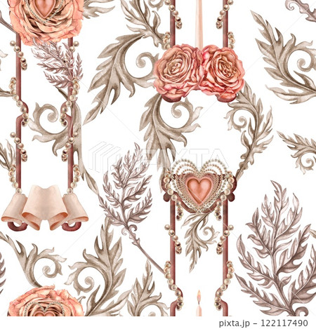 Seamless pattern with vignettes and pink roses in baroque style. Vintage botanical background for wedding, Valentine's Day, Mother's Day, Women's Day, wallpaper, bed linen, curtains, textile, fabric 122117490