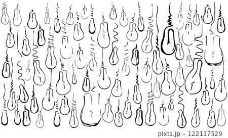 White background with drawn light bulbs, pattern in the form of black light bulbs drawn in ink, abstract black and white background with light bulbs White background with drawn light bulbs, pattern in the form of black light bulbs drawn in ink, abstract black and white background with light bulbs 122117529