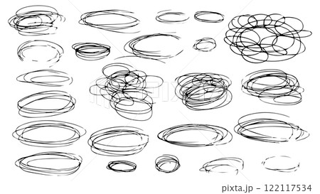 Black doodles in the shape of ovals and circles, set of black frames for decoration and design, geometric shapes drawn with pen, children's doodles, highlight circle frames, ellipses in doodle style Black doodles in the shape of ovals and circles, set of black frames for decoration and design, geometric shapes drawn with pen, children's doodles, highlight circle frames, ellipses in doodle style 122117534