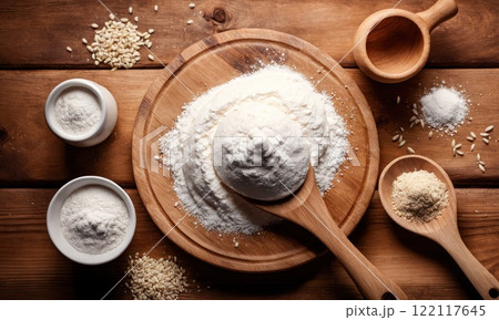 Flour on a wooden board. Cooking Kitchen background. AI Flour on a wooden board. Cooking Kitchen background. AI 122117645