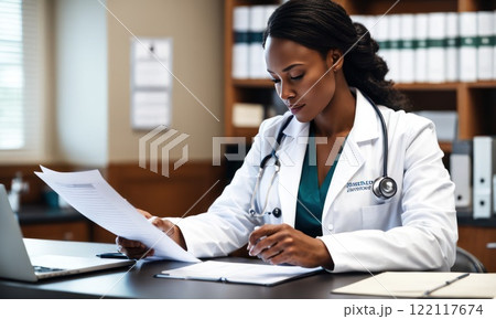 Young african woman female doctor GP in white coat holding clipboard and filling patient form while working in medical clinic, afro american female medical worker doing paperwork at workplace. AI 122117674