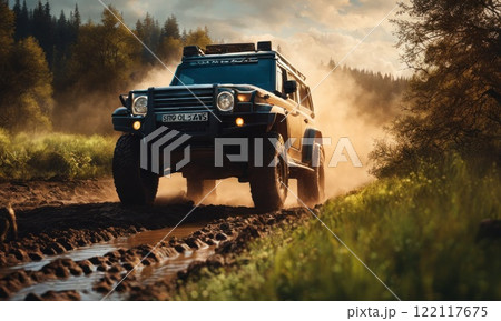 SUV car drives along a dirt road in wilderness. Autumn season. Road trip through the countryside. Travel by car in nature. Forest landscape. AI 122117675