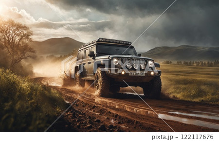 SUV car drives along a dirt road in wilderness. Autumn season. Road trip through the countryside. Travel by car in nature. Forest landscape. AI 122117676
