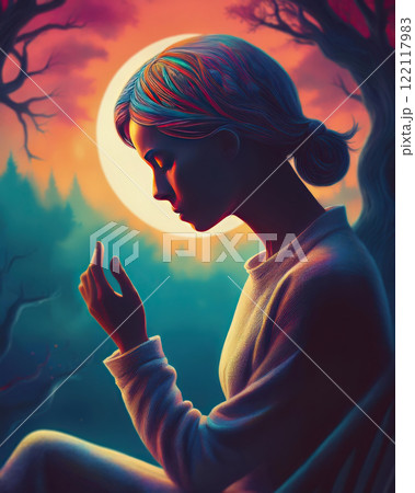 Contemplative woman against a vibrant natural background with full moon glowing and dark silhouetted trees. Psychotherapy and psychology help to escape from despair. Anxiety and mental health concept 122117983