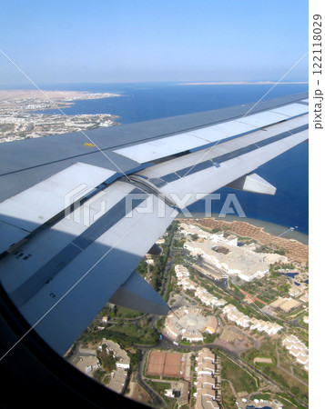 View From an Airplane Porthole Showing the Wing With El Sheikh and the Blue Red Sea Below 122118029