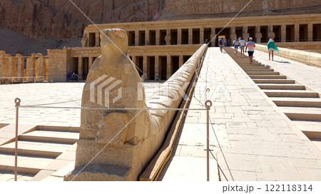 Ancient Statue of Horus Guarding the Mortuary Temple of Hatshepsut in Egypt Valley of the Kings Ancient Statue of Horus Guarding the Mortuary Temple of Hatshepsut in Egypt Valley of the Kings 122118314