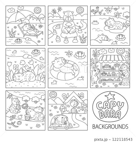 Vector black and white capybara square scenes collection Capibara landscape illustration or coloring page for kids. Cute line nature scenes set with adorable animals relaxing, meditating 122118543