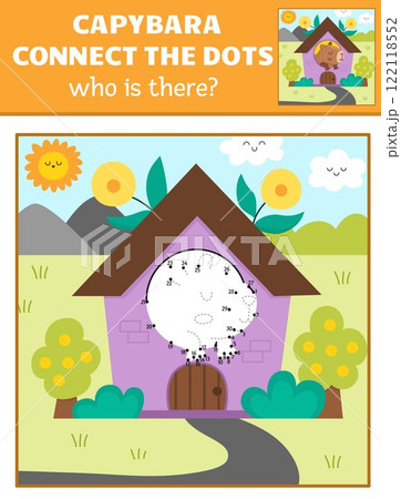 Vector capybara dot-to-dot and color activity with cute animal hiding in house, colored nature scene. Capibara connect the dots game for children. Who is missing printable worksheet 122118552