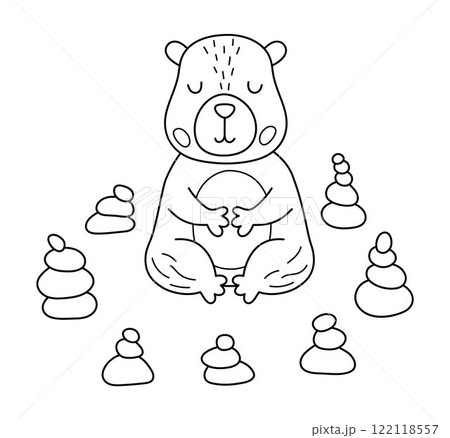Vector black and white capybara icon. Cute line capibara meditating in rock garden. Funny animal illustration isolated on white background. Comic trendy guinea pig clipart, coloring page Vector black and white capybara icon. Cute line capibara meditating in rock garden. Funny animal illustration isolated on white background. Comic trendy guinea pig clipart, coloring page 122118557
